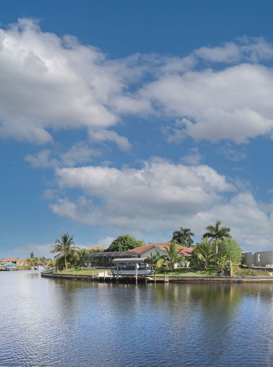 Florida waterfront homes with palm trees